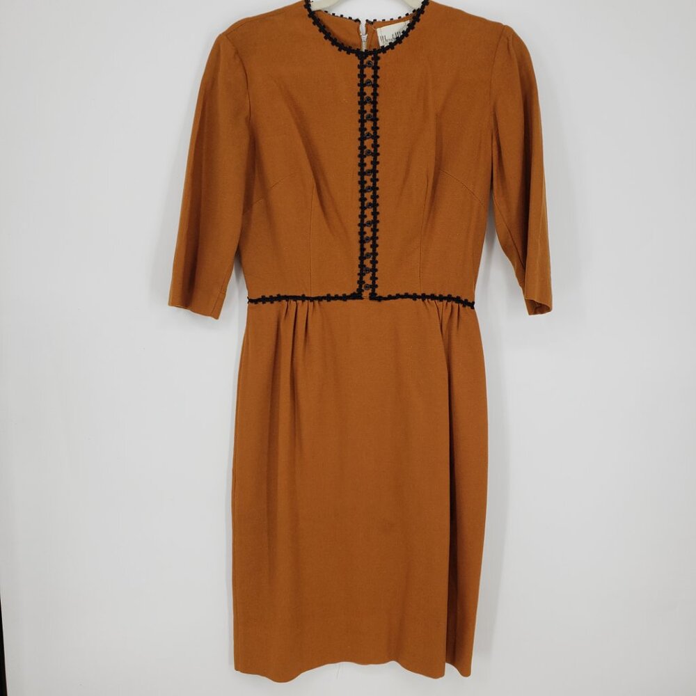 Wendy Woods Vintage 50s 60s Dress XS Ric Rac Trim Half Sleeves Rust Orange Black